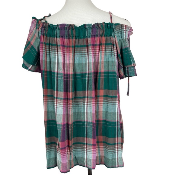 🥑5/$25 Ann Taylor LOFT Small S Green Pink Plaid Off The‎ Shoulder Top Blouse - Picture 4 of 7